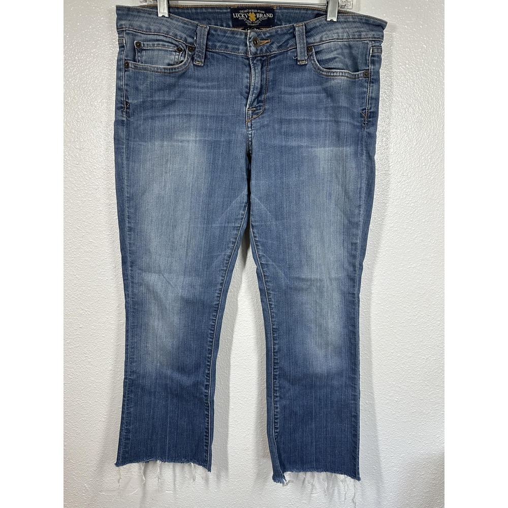 Lucky Brand Jeans Womens 12 Blue Lola Bootcut Raw Hem Distressed Denim 31 Inseam